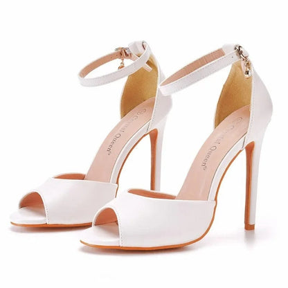 Women Pumps Sandals Wedding Rhinestone Buckle Strap PU 11CM Thin Heels Fashion Dress Women Dress Sandals Shoes White - Merchantsy 